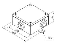 PMO2(5/3) Tulekindel E90 terasest ühenduskarp 127(160)x127x58mm IP65 5 klemmi / 3 sisendit 1,0mm2...10mm2; 4x2,5mm2, 2x4,0mm2 BAKS