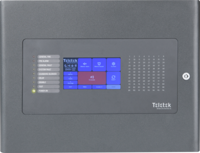 Addressable control panel expandable up to 4 loops, supports TTE protocol, up to 64 panels and repeaters in a network, surface mounting only, 1 IRIS loop TTE on board, dark grey metal housing