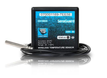 SM-SensGuard-DS1820&probe: Wireless Digital Temperature Sensor, temp range -30C...+120C, accuracy ±0.5C , resolution ±0.1C, replaceable 2xAAA battery, life time 5 years, probe length 1.5m, wireless range 150m