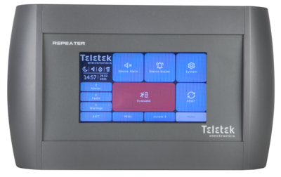 Repeater fire alarm panel with colourful TFT display, supports IRIS series and SIMPO panels, up to 64 panels and repeaters in a network, slim design, Grey plastic housing,