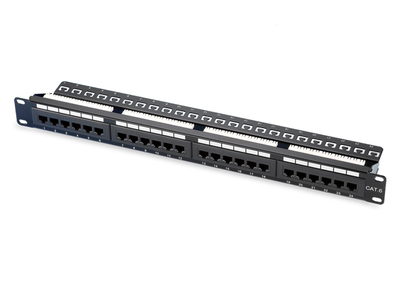Cat6 patch panel, UTP, 24 port, top entry type, advance krone dual 45-degree 110 dual IDC T568A&B, black, with support bar