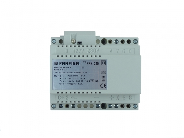 Stabilized power supply with electronic ringing generator for call,18 VA. On DIN bar (6 modules)., PRS240