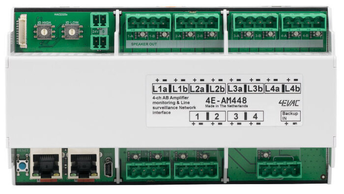Amplifier & Loudspeakerline Monitoring module, 4x amplifier channels into 4x AB speakerline output, DIN liistule, EN54, 4EVAC