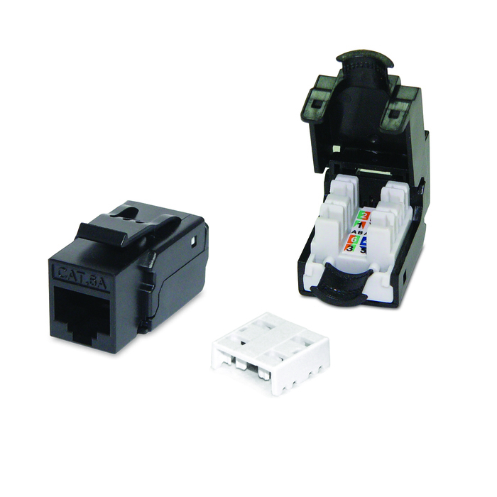 Cat6a, UTP, RJ45 keystone jack, toolless type, black