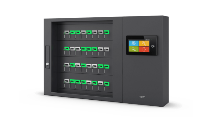 Electronic key cabinet with individual key containers and without control panel; 24 RFID ID fobs; key fobs attached to keys by user; 230 VAC power supply; connection to the RKD32 or RKD24CT key cabinet is required