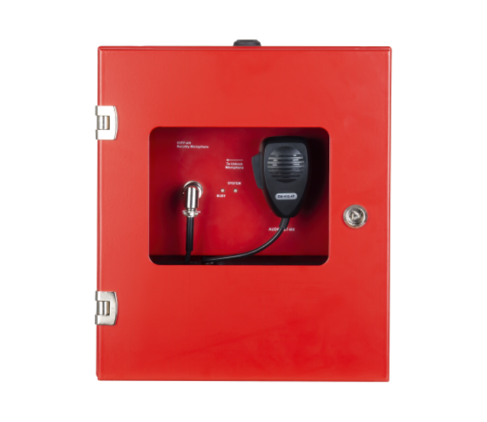 Mikrofon SPIKA RCM, punane seinale kinnitatav mikrofon kastiga, PTT (push-to-talk), LED, toide paneelilt, EN54.